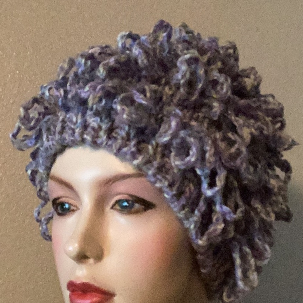 Lavender and seladon looping hand knitted hat